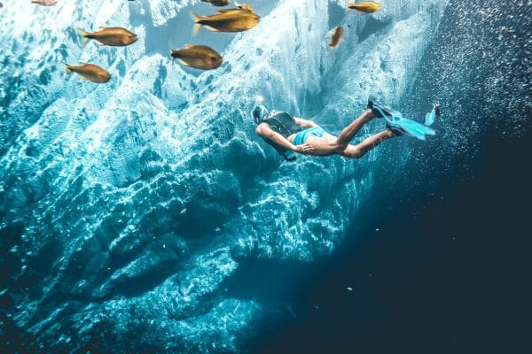 Guía Completa de Ilha Grande, Brasil: Un Paraíso Natural Submarinistra rodeado de peces de colores subiendo hacia la superficie que ilustra la Guía Completa de Ilha Grande, Brasil: Un Paraíso Natural