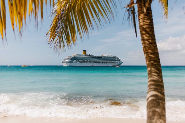 Guía Completa para Viajar en Crucero: Todo lo que Necesitas Saber Un crucero a lo lejos, visto desde la playa entre palmeras, representando un viaje en alta mar que se explica en esta guía completa.