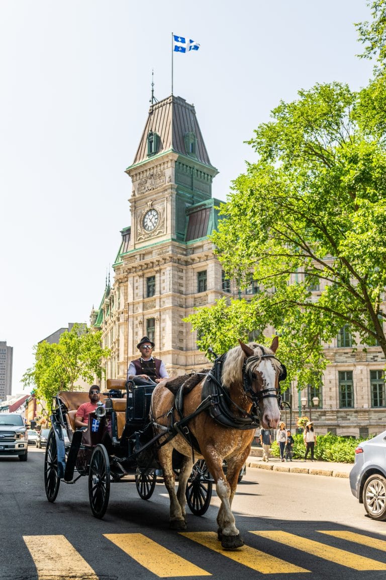 Una carroza con turistas frente a un edificio de arquitectura europea en Quebec, ilustrando su esencia en Norteamérica.