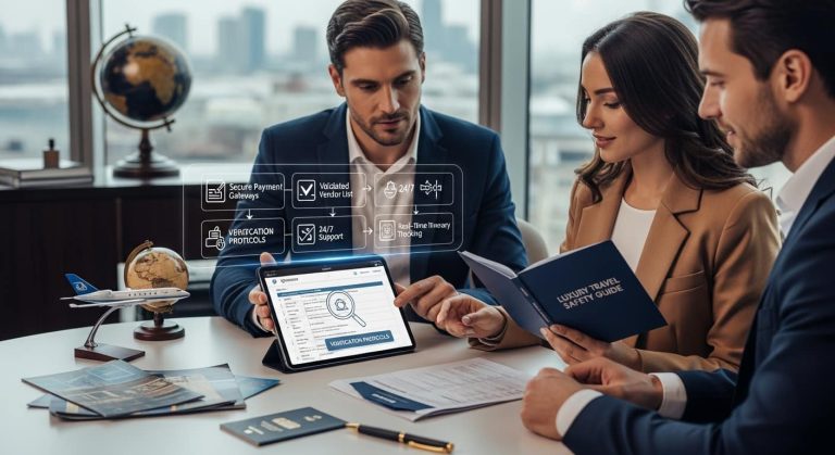 Guía práctica para evitar estafas en viajes de lujo mostrando documentos de verificación y contratos de hotel