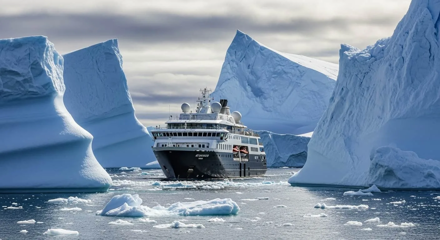 Barco de expedición de lujo navegando entre icebergs gigantes en la Antártida