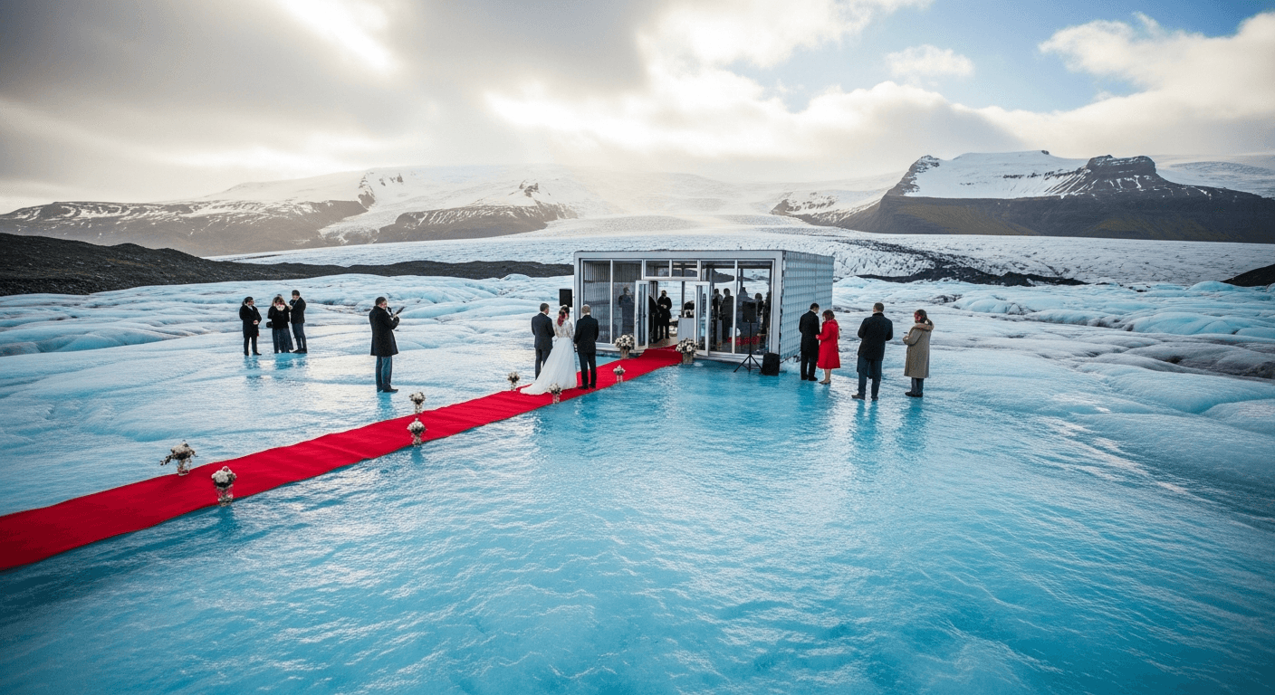 Ceremonia de boda en el glaciar Vatnajökull, Islandia, con alfombra roja sobre hielo azul y estructura termoaislada rodeada de paisaje ártico
