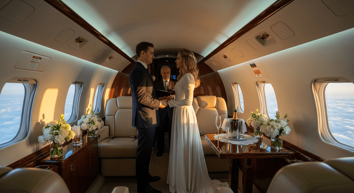 Pareja intercambiando votos en la cabina de un avión privado a 10.000 metros, con decoración elegante y ventanas con vista al cielo