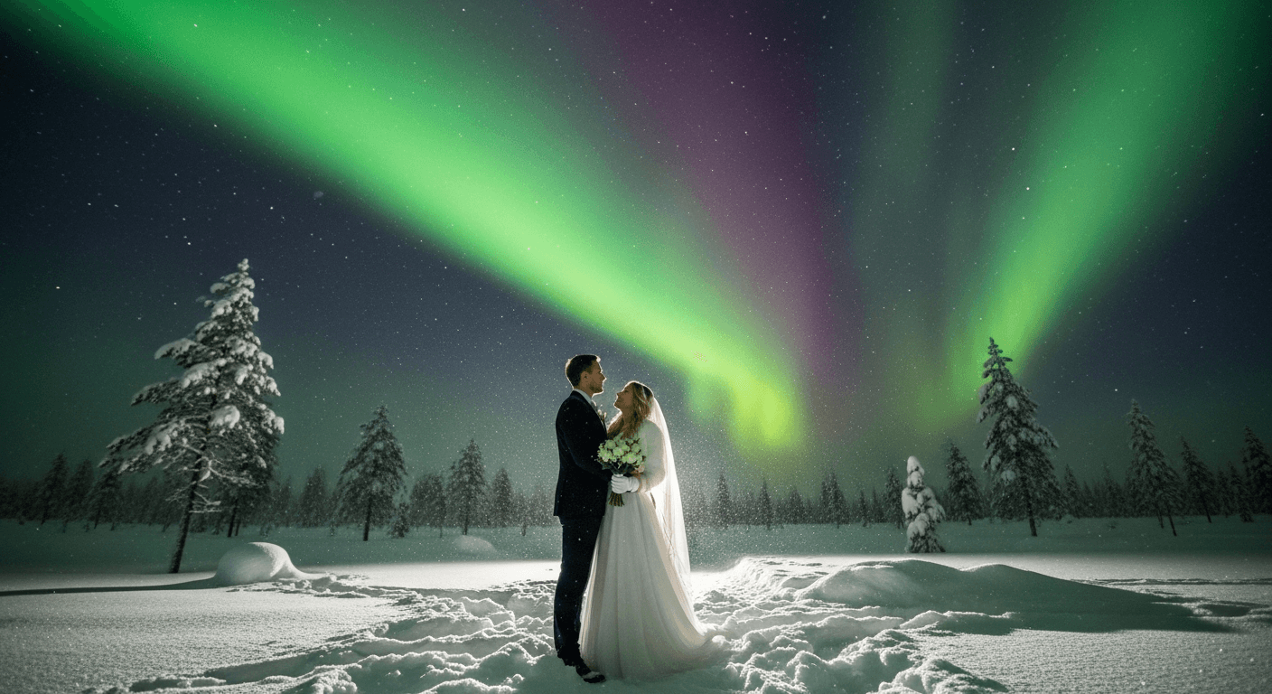 Pareja celebrando su boda bajo las auroras boreales en Laponia, rodeada de nieve y luces verdes en el cielo nocturno