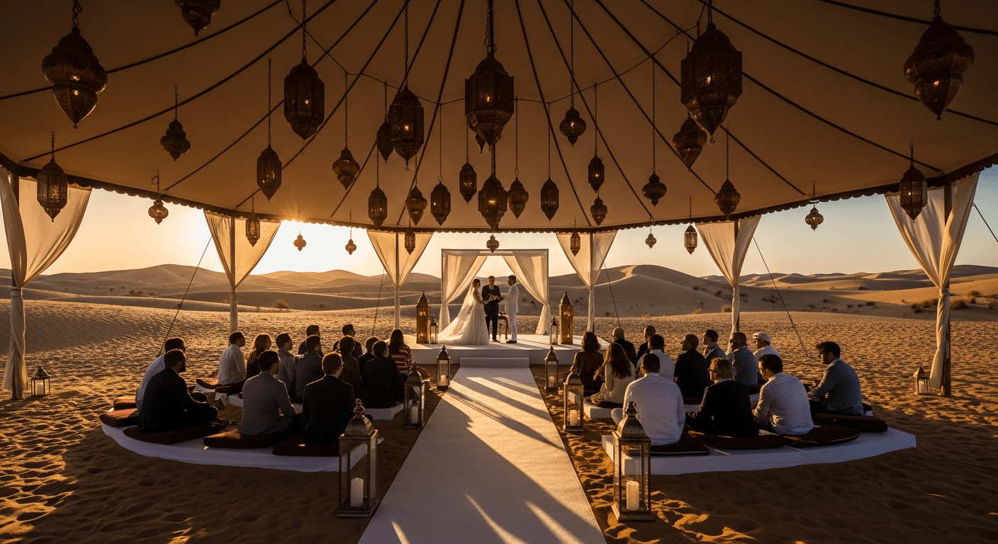 Ceremonia de boda bajo una cúpula beduina en Al Maha Desert Resort, Dubái, con lámparas de cobre y dunas doradas al atardecer