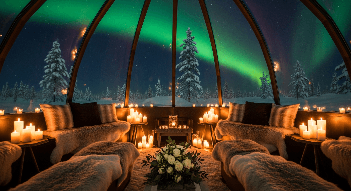 Interior de un iglú de cristal en el Kakslauttanen Arctic Resort, decorado para una boda con pieles nórdicas, velas y vistas a las auroras boreales