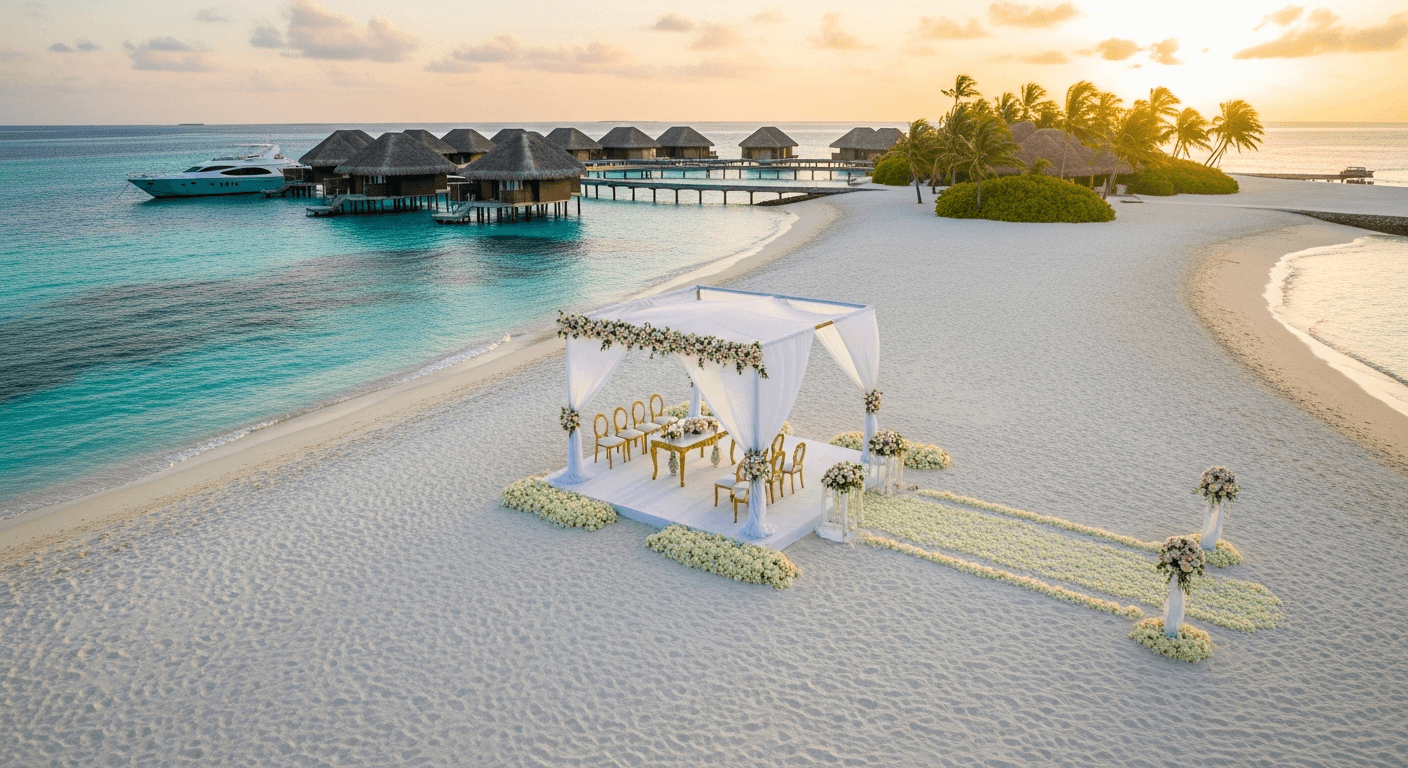 Vista aérea de una isla privada en las Maldivas con ceremonia de boda en la playa, toldo blanco y mobiliario de lujo