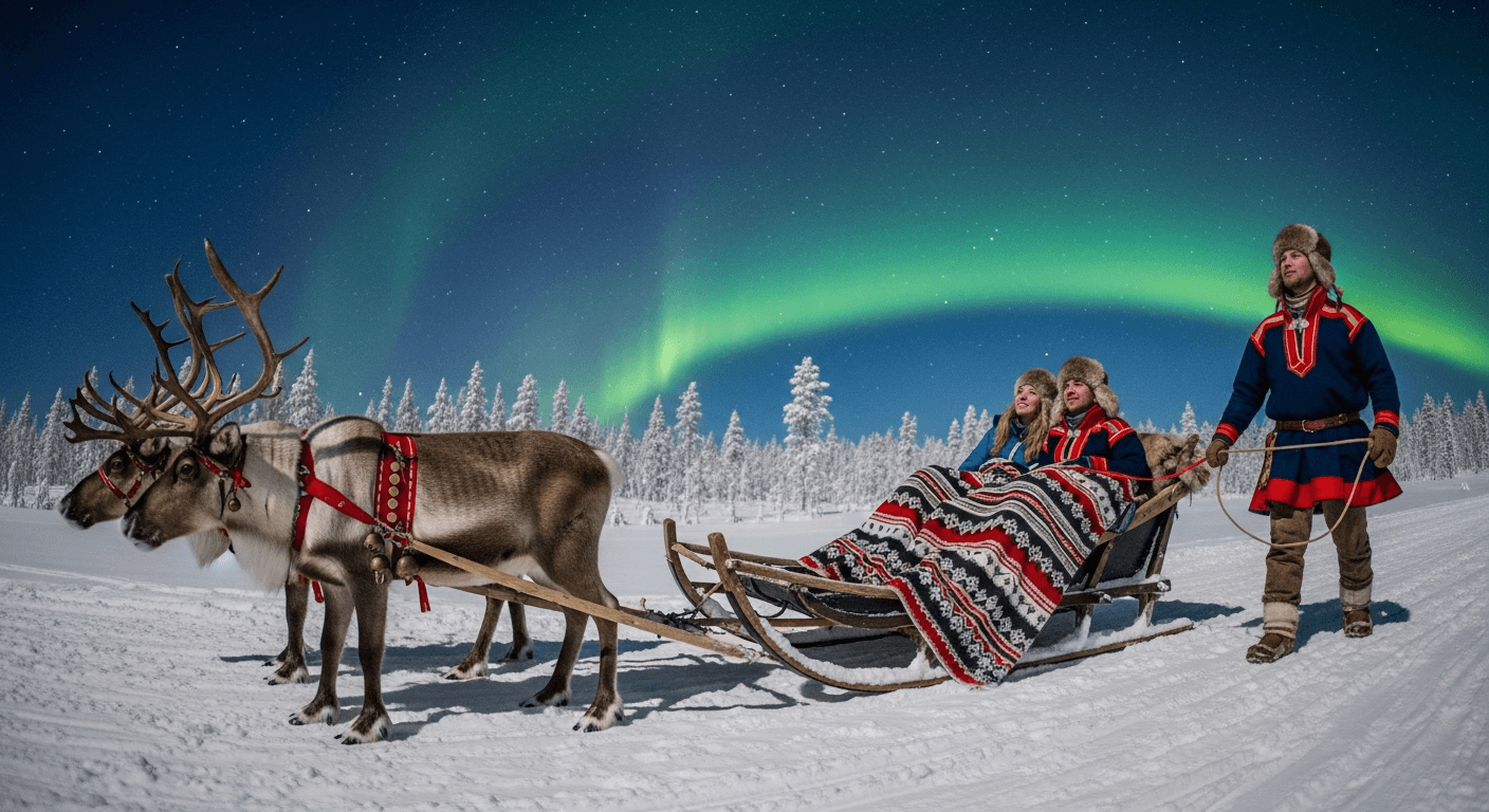 Pareja en un trineo de renos guiado por un pastor sami bajo un cielo estrellado en Laponia, envueltos en mantas nórdicas