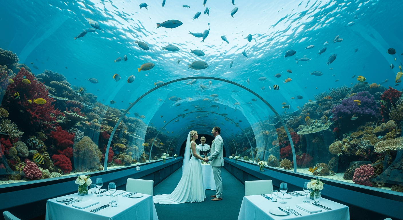 Interior del restaurante submarino Ithaa en Conrad Maldives, con pareja intercambiando votos rodeados de peces tropicales y arrecifes de coral