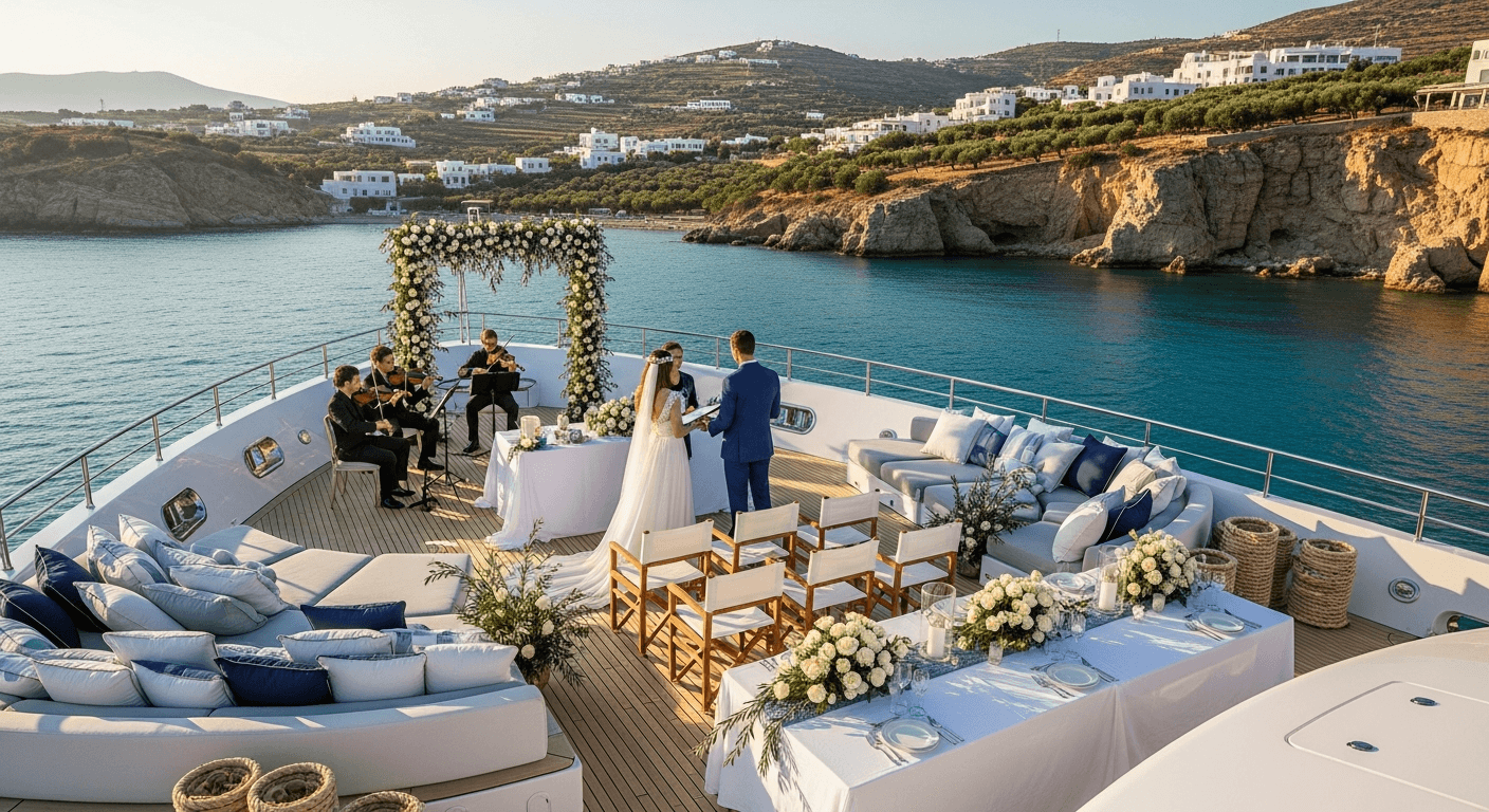 Ceremonia de boda en la cubierta de un superyate en el Mediterráneo, con telón de fondo de costa griega y mobiliario náutico elegante