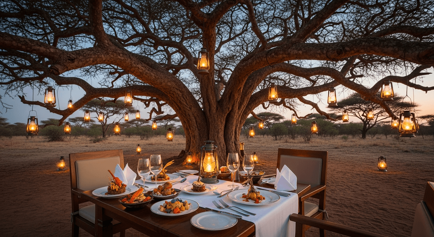 Cena íntima bajo un marabú milenario en Chem Chem Lodge, iluminada con lámparas de aceite y servicio con menú africano de autor