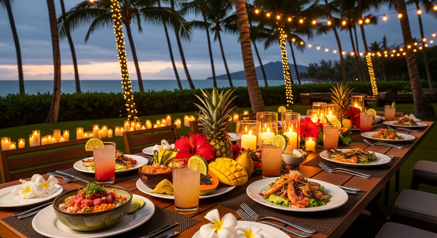 Cena privada al aire libre en Hawái, con mesa larga bajo palmeras, platos con ingredientes locales como poke y tropical fruits, iluminación tenue con velas