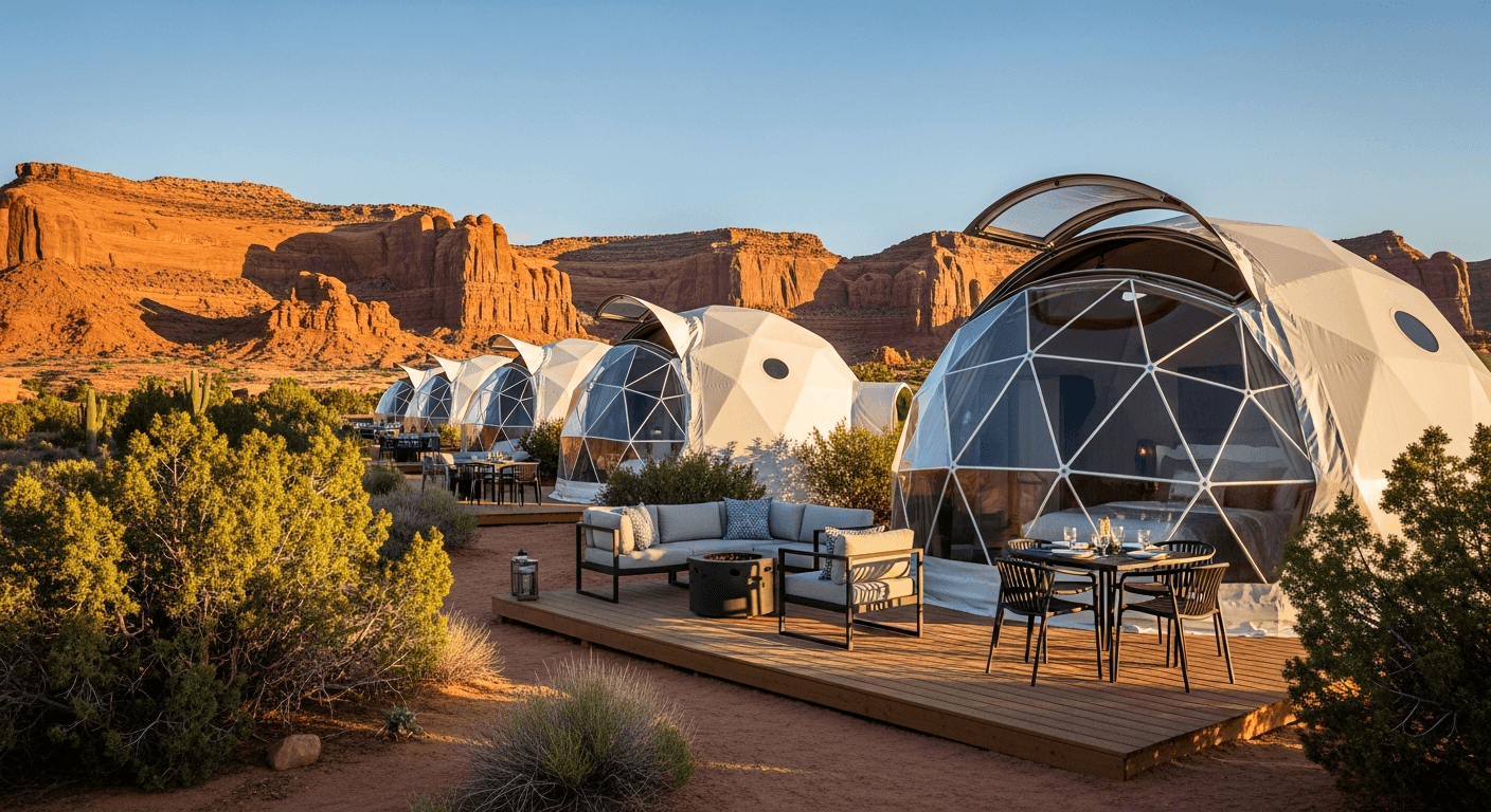 Domos geodésicos de Under Canvas en Moab, con techos retráctiles y mobiliario de exterior elegante frente a formaciones rocosas del desierto