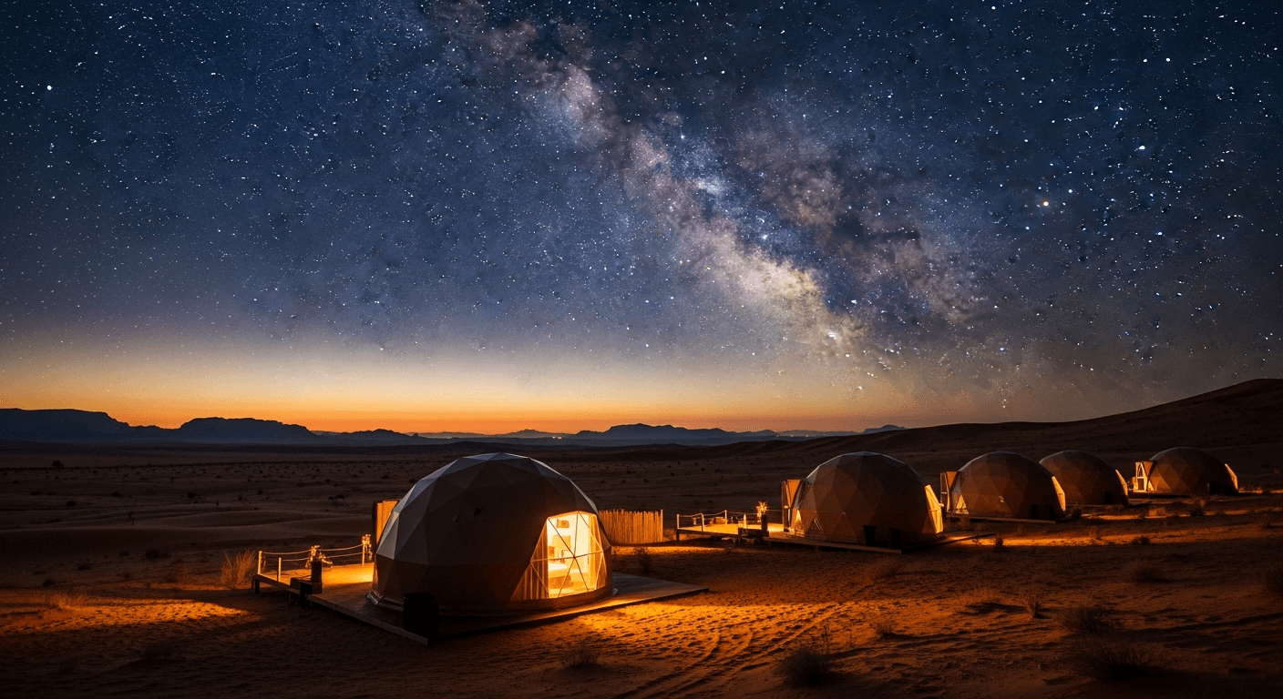Domos geodésicos de lujo en el desierto bajo la Vía Láctea, con iluminación cálida y paisaje silencioso al atardecer