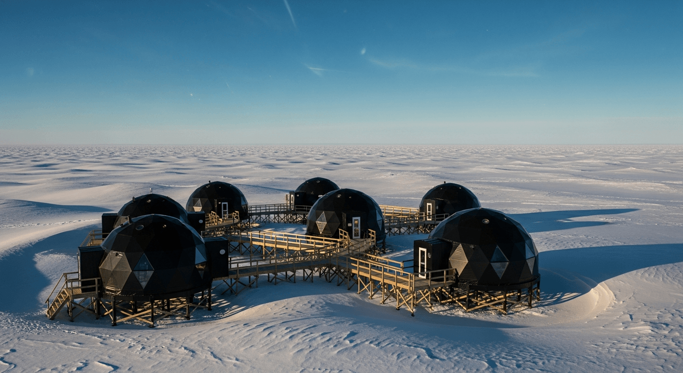Domos negros de White Desert en la Antártida, conectados por pasarelas, rodeados de hielo infinito bajo cielo polar azul