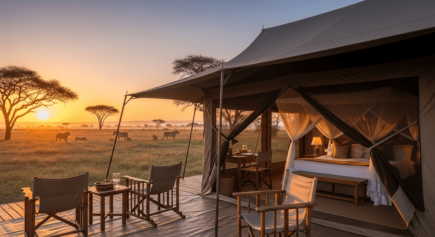 Tiendas de safari de lujo en Asilia’s Dunia Camp, Serengeti, con vista a manadas de leones en el horizonte al amanecer