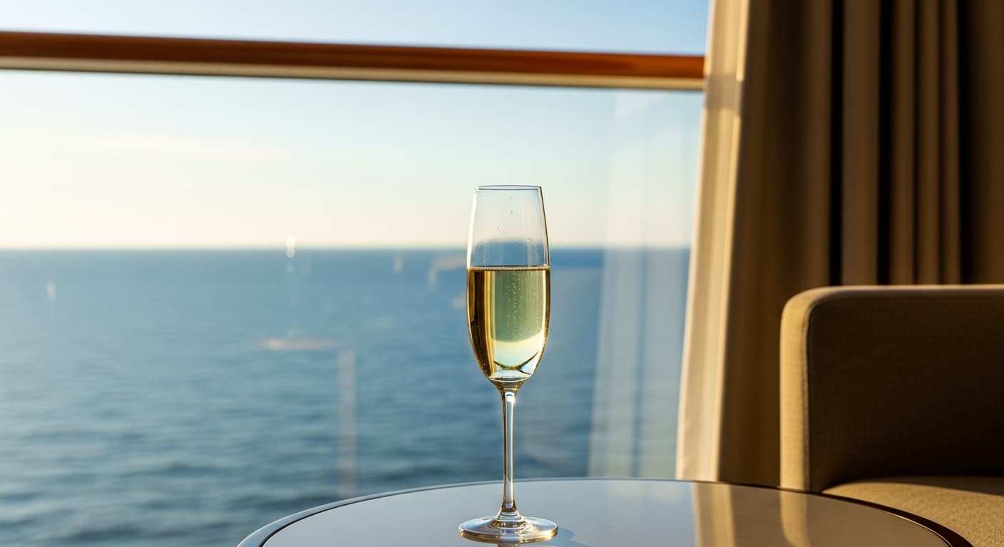 Copa de champagne estática en suite de crucero demostrando estabilidad en navegación