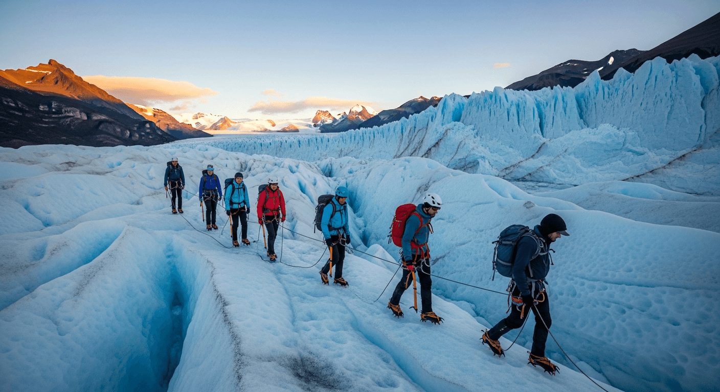 Grupo pequeño caminando sobre el Glaciar Perito Moreno en Argentina, con equipo especializado y guía certificado, amanecer en fondo