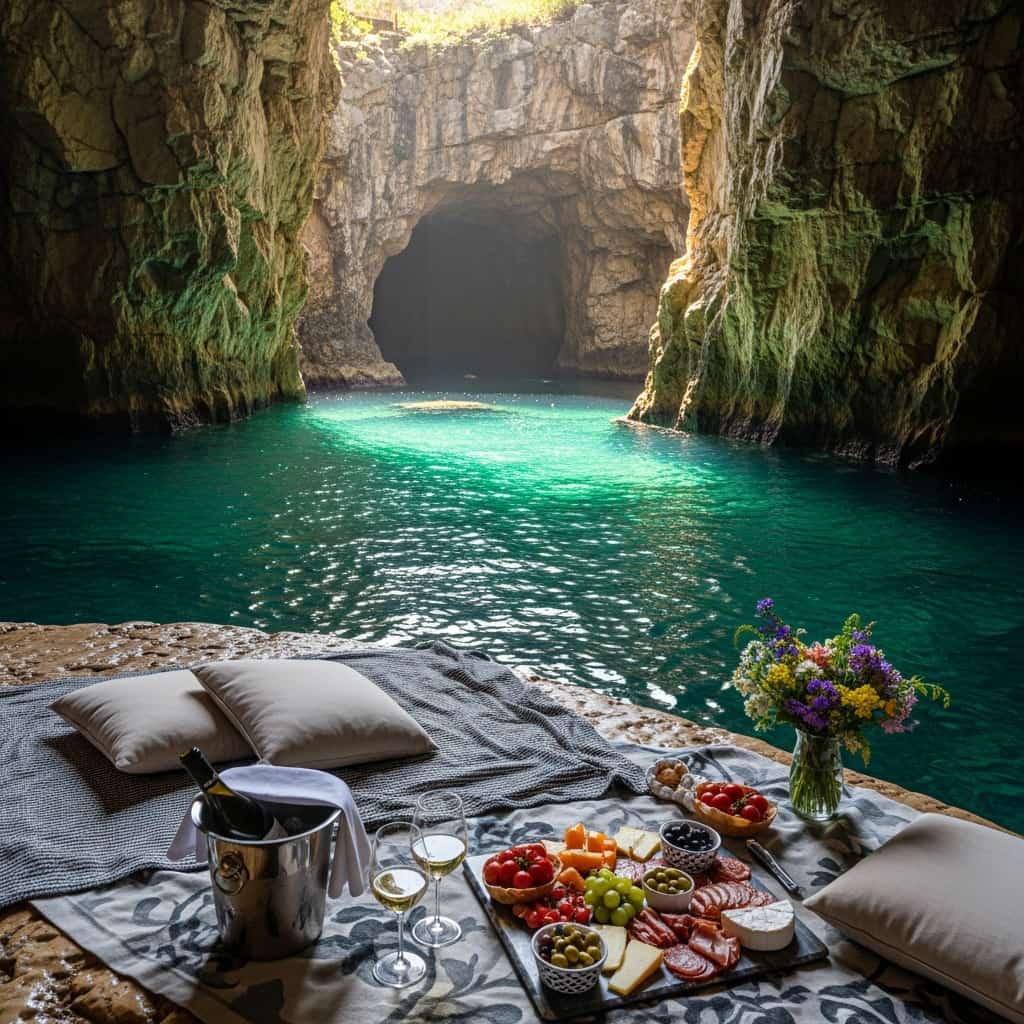 Interior de gruta marina en la Costa Amalfitana con aguas color esmeralda y setup de picnic de lujo