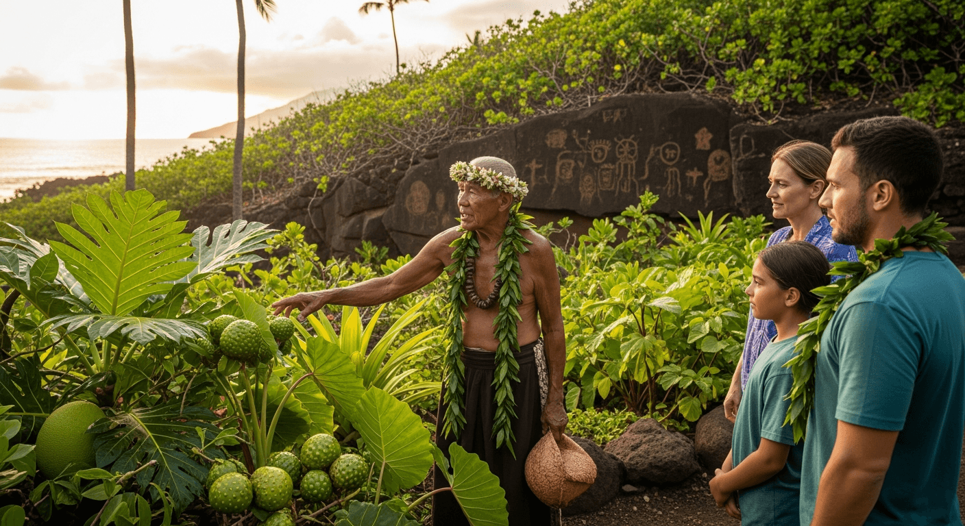 Anciano hawaiano (kūpuna) guiando a un pequeño grupo en un sitio sagrado en Oahu, compartiendo conocimientos sobre plantas nativas y tradiciones