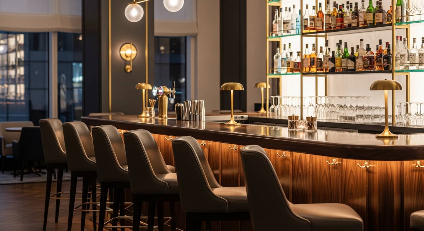 Bar de hotel urbano de lujo con asientos individuales y ambiente sofisticado