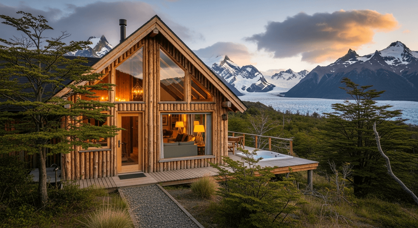 Cabaña de madera local en Awasi Patagonia, con tejado inclinado y vista panorámica a los glaciares del Parque Torres del Paine