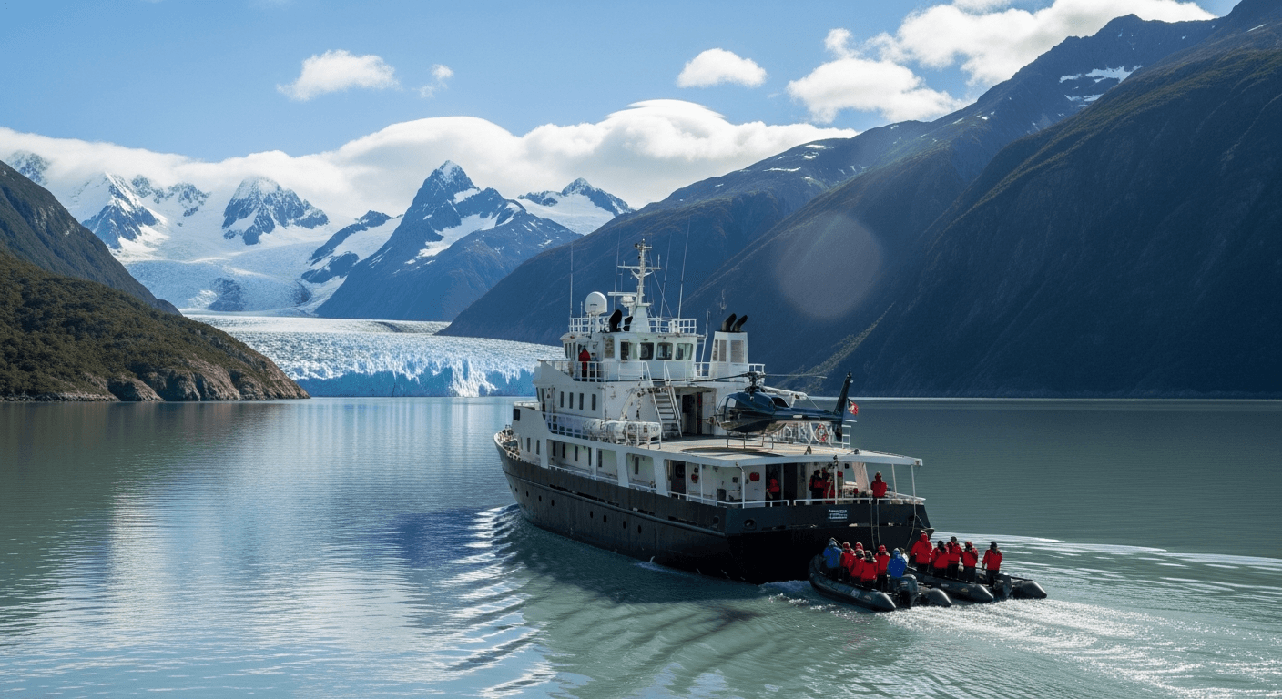 Embarcación de expedición navegando entre fiordos patagónicos bajo cielo despejado, con glaciares azules en segundo plano
