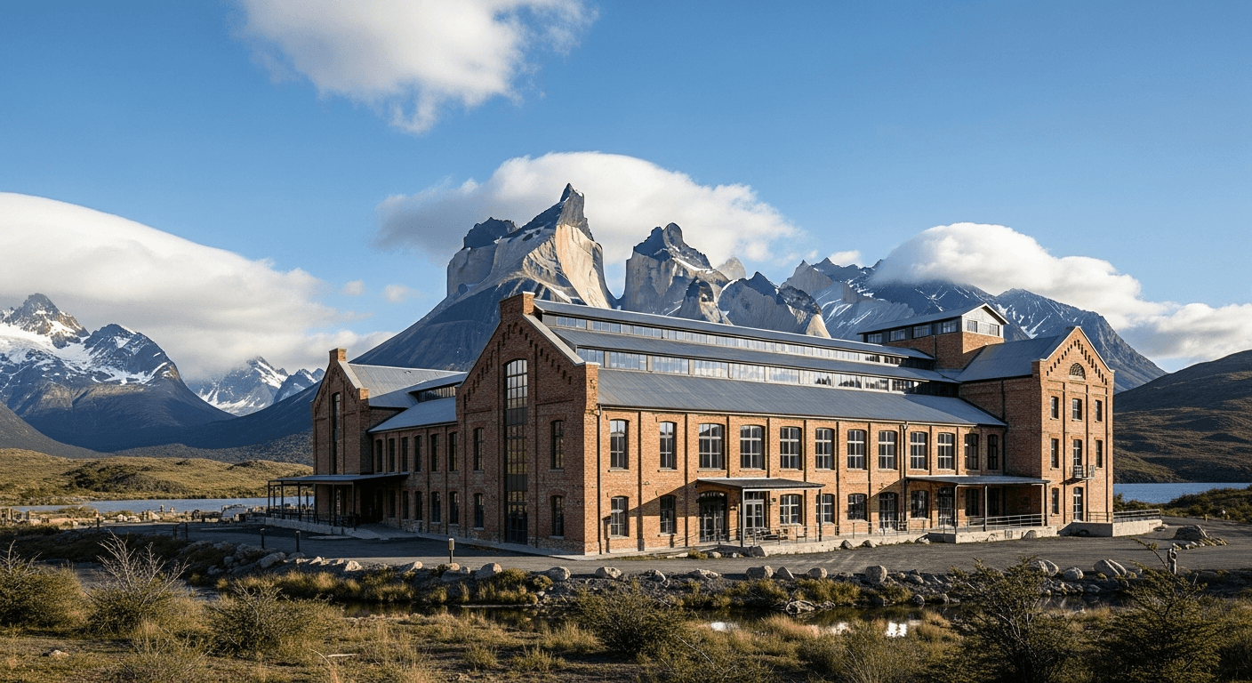Vista exterior del hotel The Singular Patagonia en Torres del Paine, con arquitectura industrial restaurada y montañas al fondo bajo cielo azul