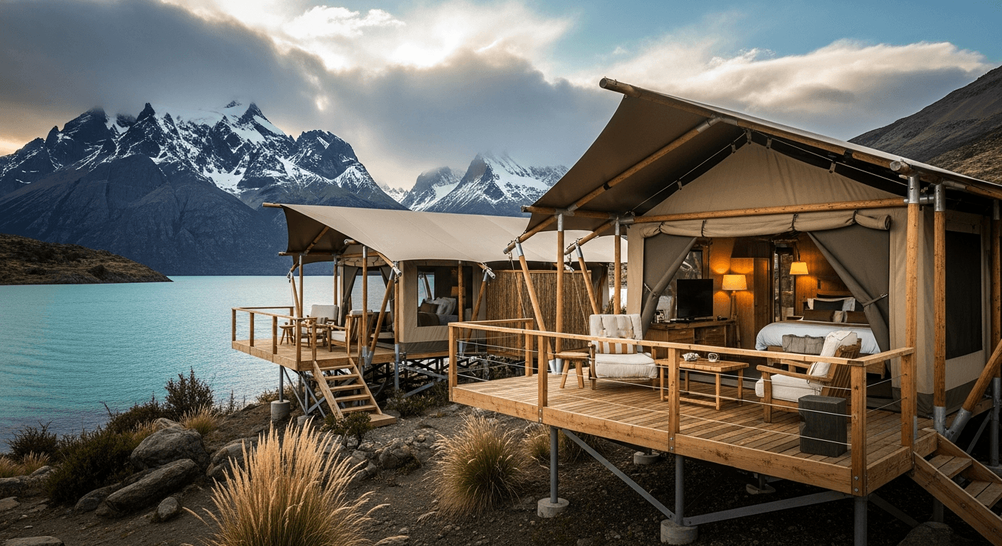 Campamento móvil de lujo de Explora Patagonia junto al Lago General Carrera, con tiendas de campaña elevadas y vista a las montañas nevadas