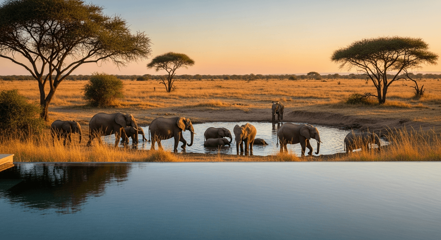 Piscina infinita en Great Plains Singita Grumeti con vista a un abrevadero frecuentado por elefantes en plena sabana tanzana