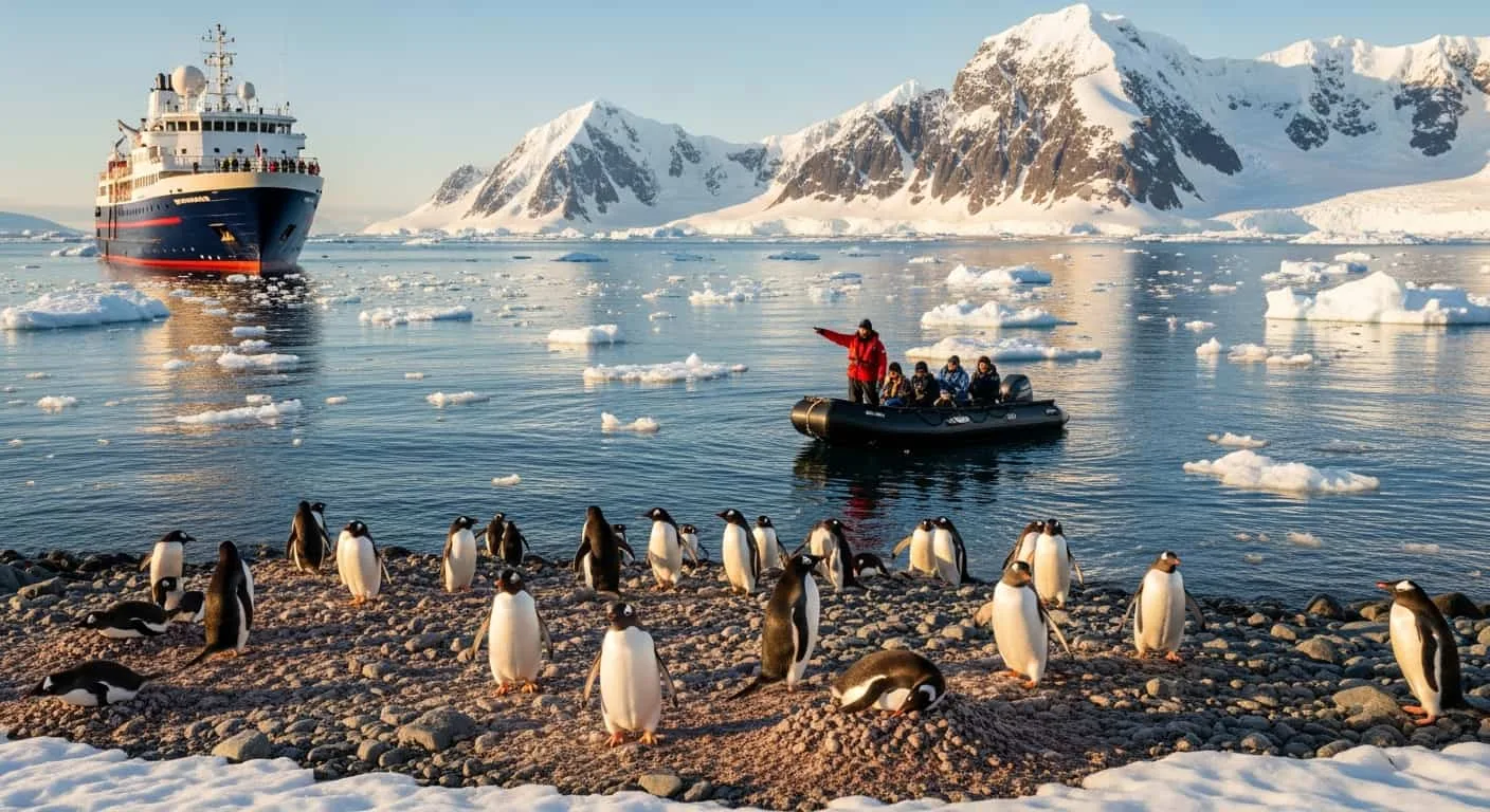 Pingüinos Adelia y Gentoo en su hábitat natural, mostrando el protocolo de no acercamiento en las expediciones de lujo en la Antártida