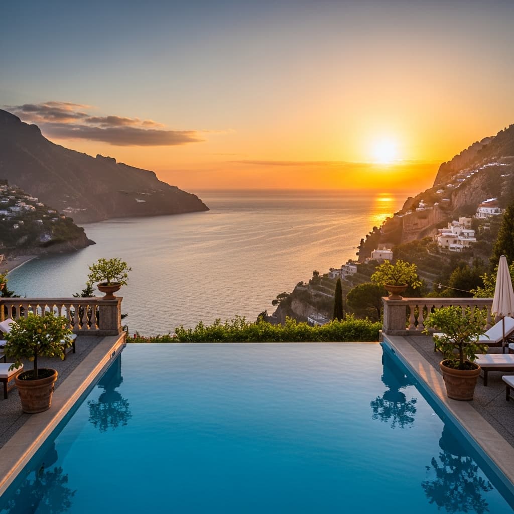 Piscina infinita del Hotel Caruso en Ravello con vistas panorámicas al mar Mediterráneo y la costa amalfitana