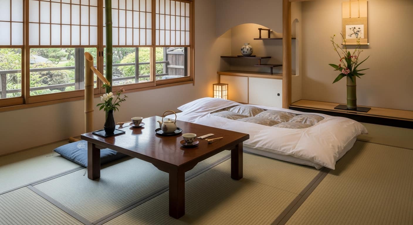 Interior de habitación individual en ryokan de lujo en Kioto