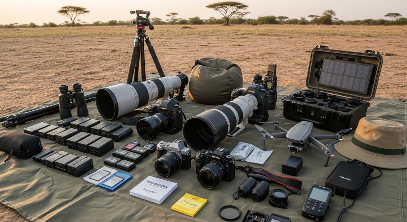 Equipo fotográfico profesional organizado para safari con teleobjetivos y bolsas técnicas