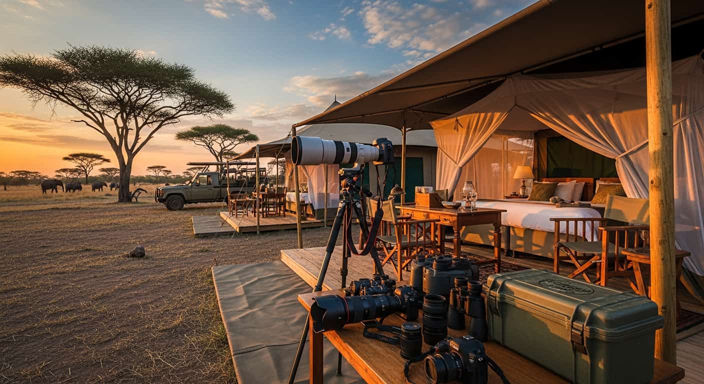 Mobile camp de lujo en África con tienda de campaña y sabana al amanecer durante safari fotográfico