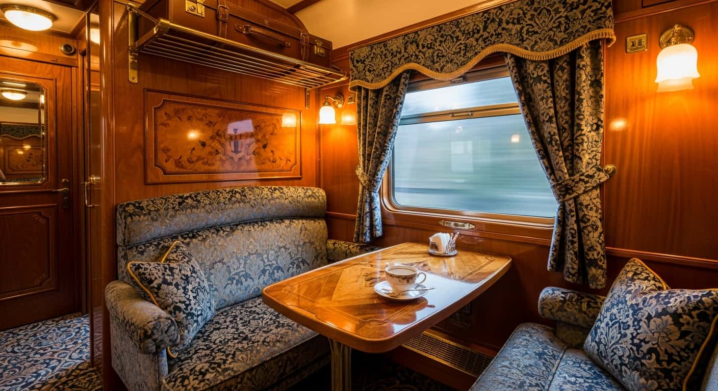 Interior real de cabina histórica del Venice Simplon-Orient-Express