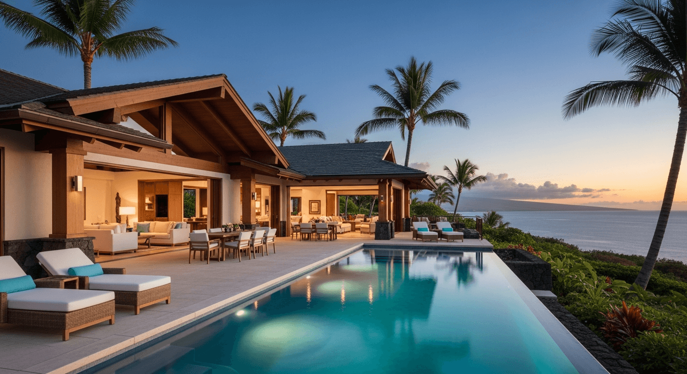 Villa privada de lujo en Big Island, Hawái, con piscina infinita, vistas al océano Pacífico y diseño en madera de Koa integrado en la naturaleza
