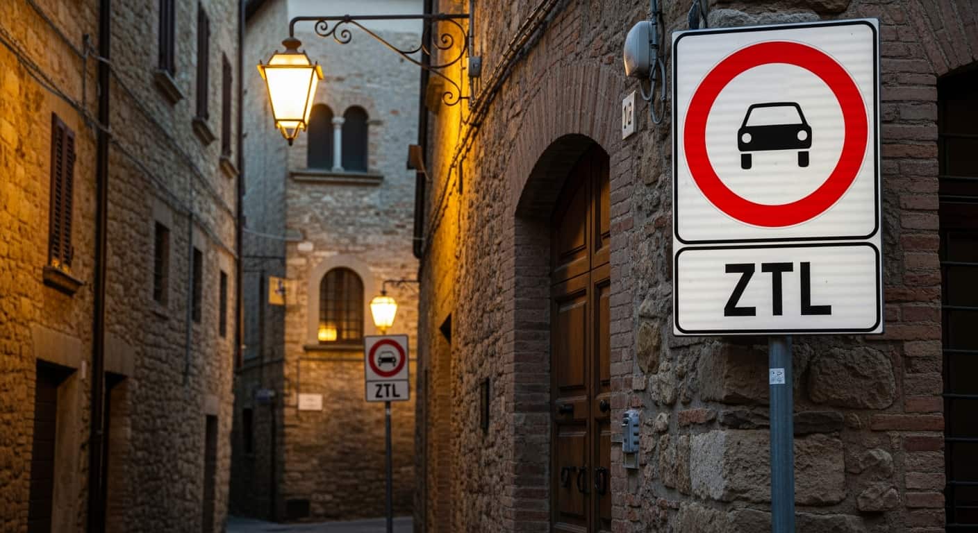 Señal de ZTL Zona Traffico Limitato en Toscana para guía práctica sobre multas de tráfico