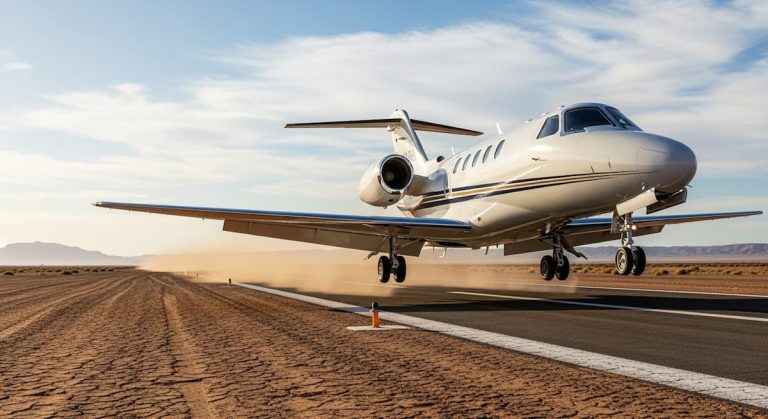 Primer plano de un avión ejecutivo de pequeño tamaño aterrizando en una pista secundaria en el desierto australiano, simbolizando la compleja logística vuelos internos australia.