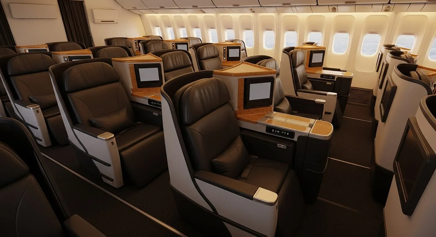 Interior de cabina business class en aerolínea tradicional sin texto visible
