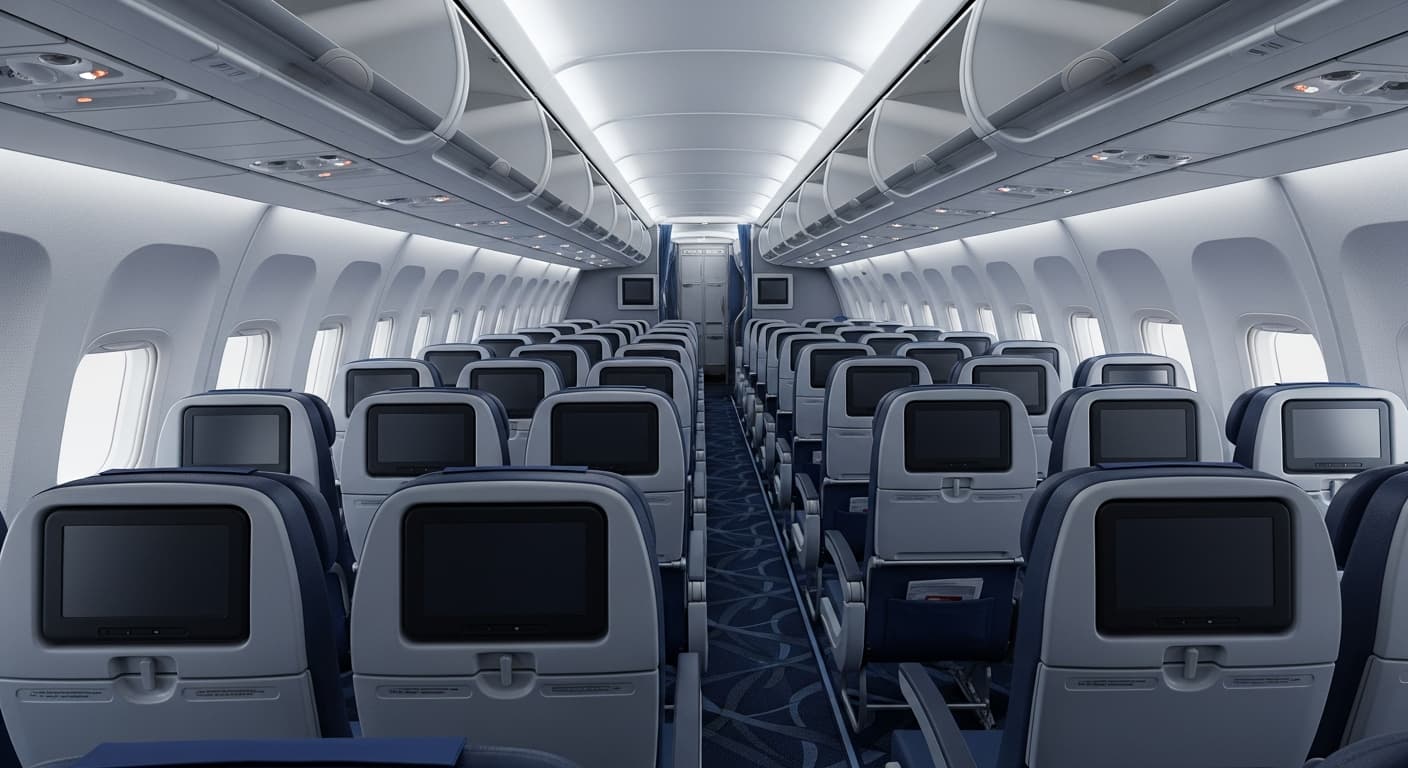 Interior de cabina economy en aerolínea low-cost sin texto legible