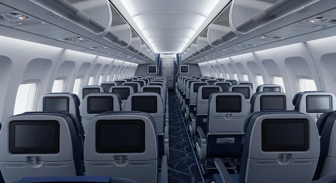 Interior de cabina economy en aerolínea low-cost sin texto legible