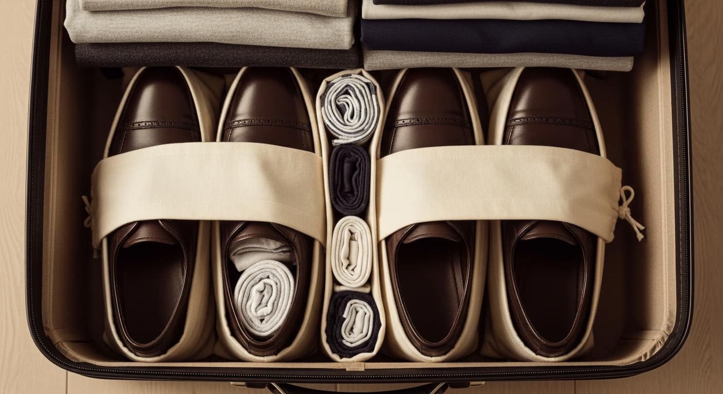 Zapatos de cuero embolsados individualmente dentro de maleta con relleno de prendas