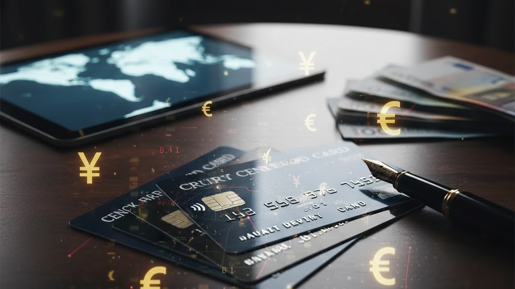 Vista de cerca de varias tarjetas internacionales (euro, yen, dólar) contándose de forma encubierta sobre una mesa, con el número '5%' reflejado sutilmente, simbolizando las comisiones ocultas cambio divisas lujo.