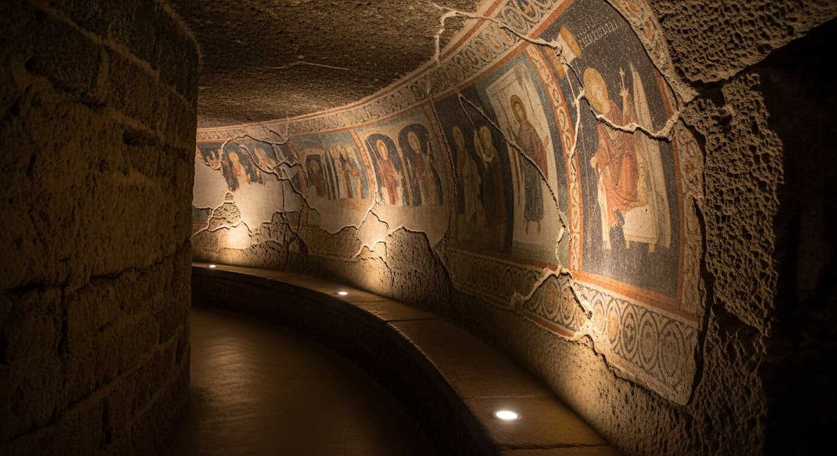 Interior de las Catacumbas de San Genaro en Nápoles con iluminación tenue