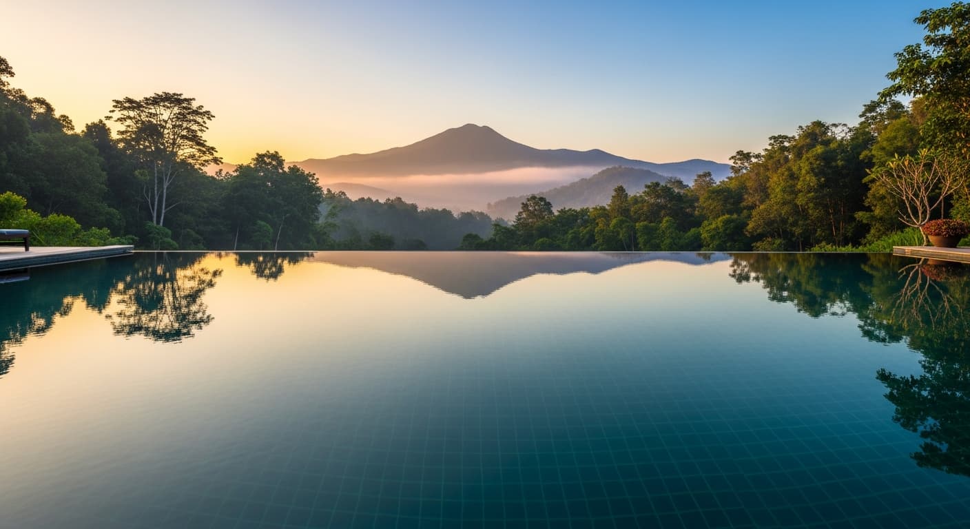 Piscina infinita en hotel boutique del norte de Tailandia con vista a montañas y vegetación tropical