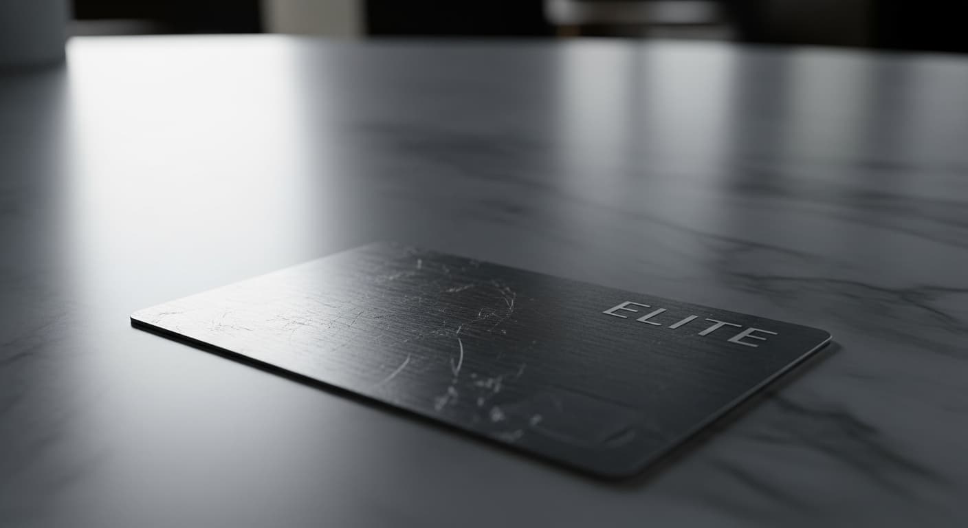 Una tarjeta de crédito de metal elite de lujo, parcialmente borrosa y obsoleta, sobre una mesa de mármol de un salón VIP. Ejemplo de devaluación programas lealtad lujo.