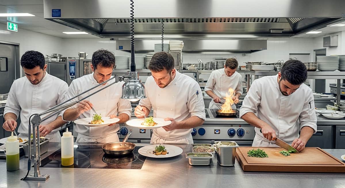 Equipo de chefs trabajando en una cocina de alta gastronomía en San Sebastián, enfocado en la precisión y la profesionalidad