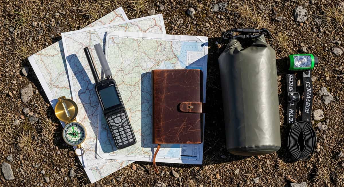 Equipo de logística de expedición en entorno remoto: maletas técnicas, radio satelital, mapas