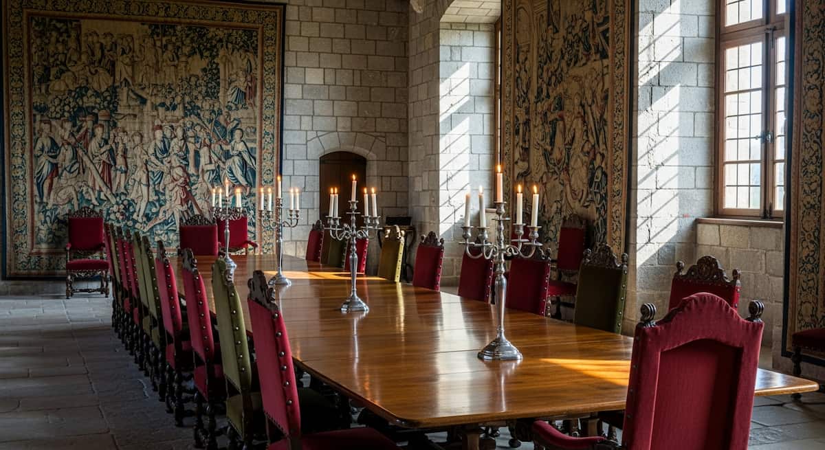 Salón comedor histórico en castillo francés con mesa larga, candelabros y tapices